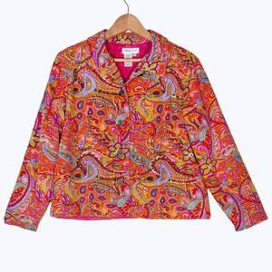 Coldwater Creek Bright‎ Paisley Floral Print Denim Jacket Womens L Boho Rainbow